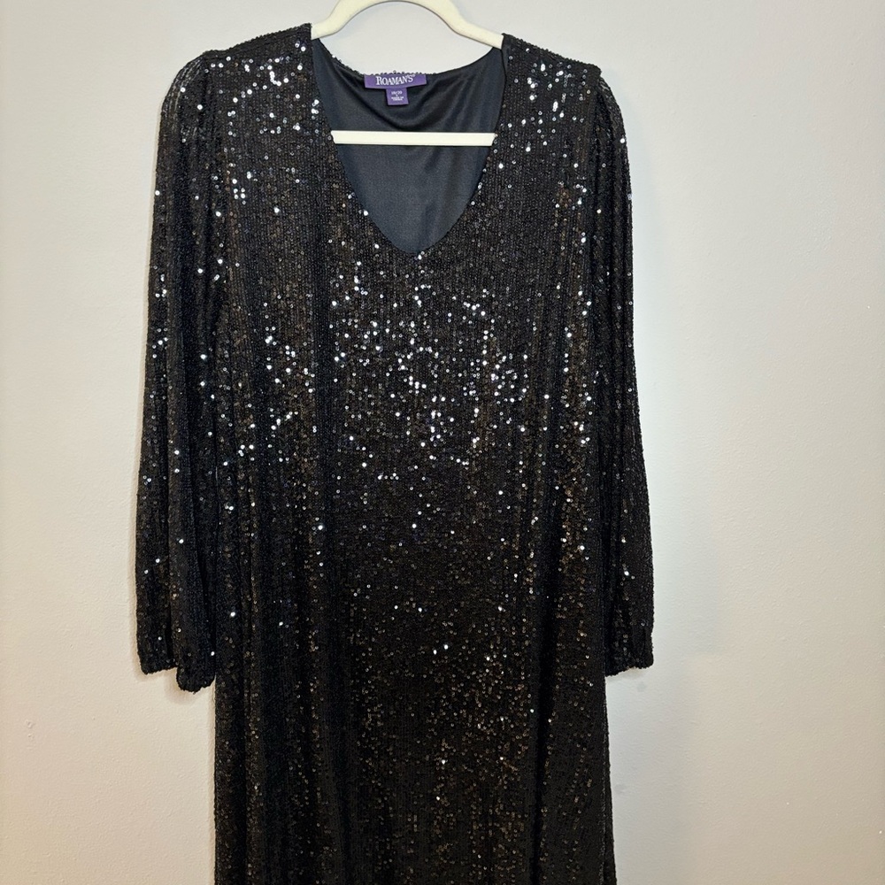 Roaman's Black Sequin Long Sleeve Dress Plus- Size